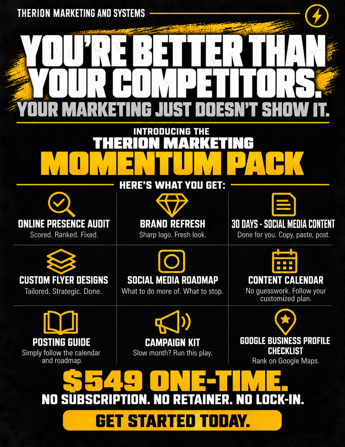 The Momentum Pack: nine marketing assets, one-time $549
